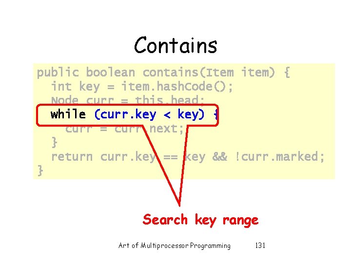 Contains public boolean contains(Item item) { int key = item. hash. Code(); Node curr