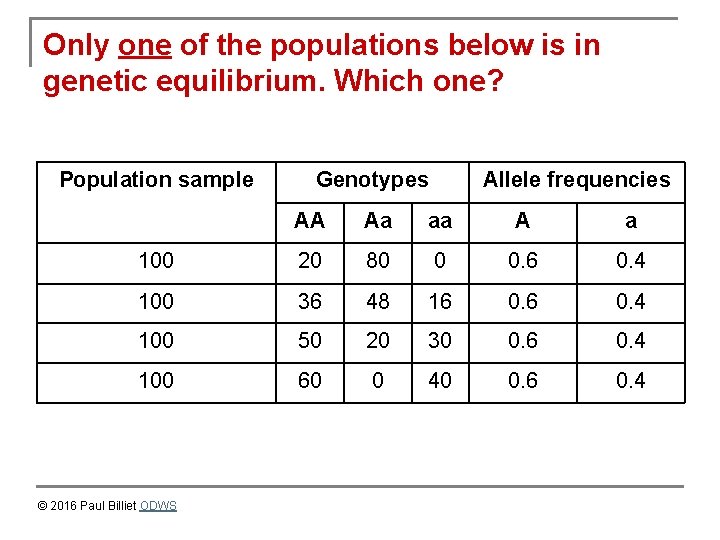 Only one of the populations below is in genetic equilibrium. Which one? Population sample