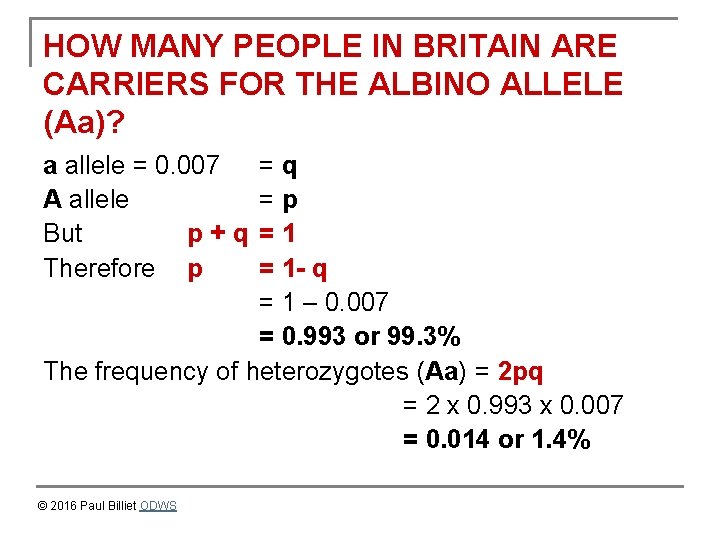 HOW MANY PEOPLE IN BRITAIN ARE CARRIERS FOR THE ALBINO ALLELE (Aa)? a allele