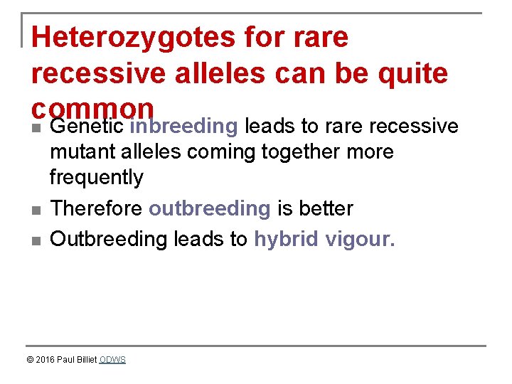 Heterozygotes for rare recessive alleles can be quite common n Genetic inbreeding leads to
