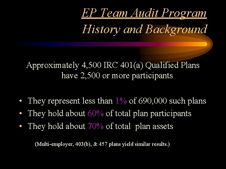 EP Team Audit Program History and Background Approximately 4, 500 IRC 401(a) Qualified Plans