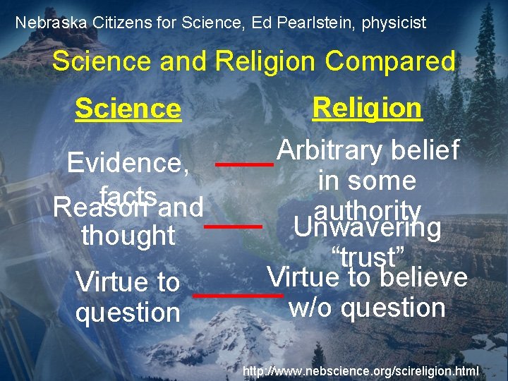 Nebraska Citizens for Science, Ed Pearlstein, physicist Science and Religion Compared Science Evidence, facts