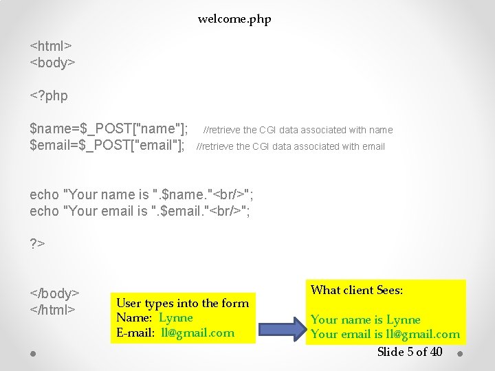 welcome. php <html> <body> <? php $name=$_POST["name"]; $email=$_POST["email"]; //retrieve the CGI data associated with