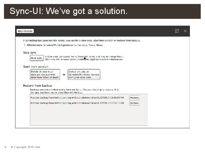 Sync-UI: We’ve got a solution. 9 © Copyright, 2010 Intel 