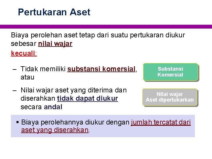 Pertukaran Aset Biaya perolehan aset tetap dari suatu pertukaran diukur sebesar nilai wajar kecuali:
