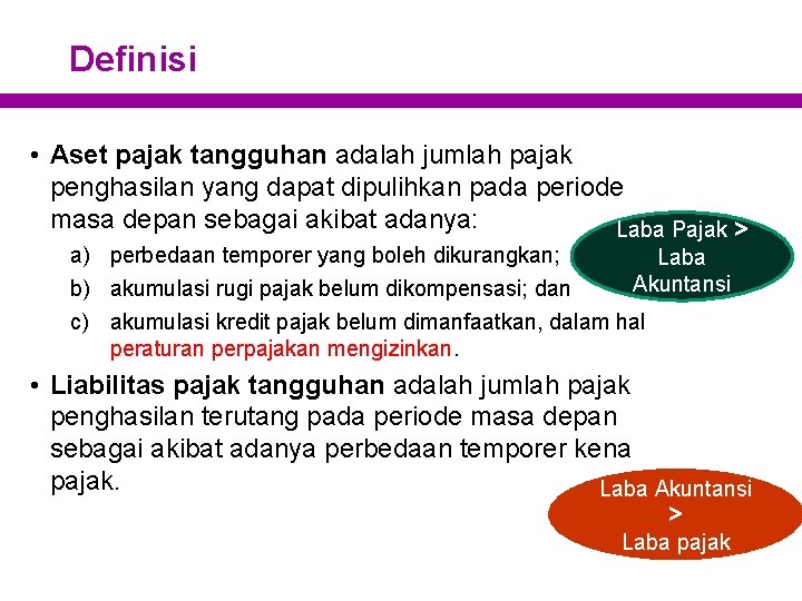 Definisi • Aset pajak tangguhan adalah jumlah pajak penghasilan yang dapat dipulihkan pada periode