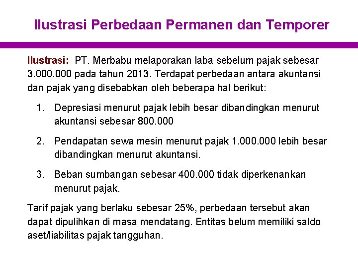 Ilustrasi Perbedaan Permanen dan Temporer Ilustrasi: PT. Merbabu melaporakan laba sebelum pajak sebesar 3.