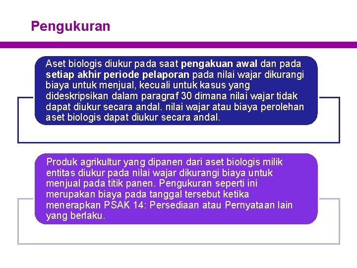 Pengukuran Aset biologis diukur pada saat pengakuan awal dan pada setiap akhir periode pelaporan