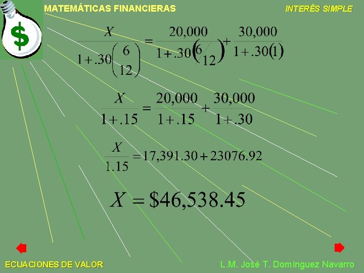 MATEMÁTICAS FINANCIERAS ECUACIONES DE VALOR INTERÉS SIMPLE L. M. José T. Domínguez Navarro 