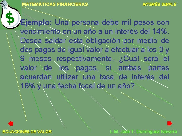 MATEMÁTICAS FINANCIERAS INTERÉS SIMPLE Ejemplo: Una persona debe mil pesos con vencimiento en un