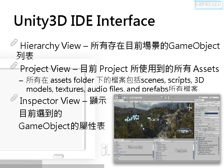 Unity 3 D IDE Interface Hierarchy View – 所有存在目前場景的Game. Object 列表 Project View –
