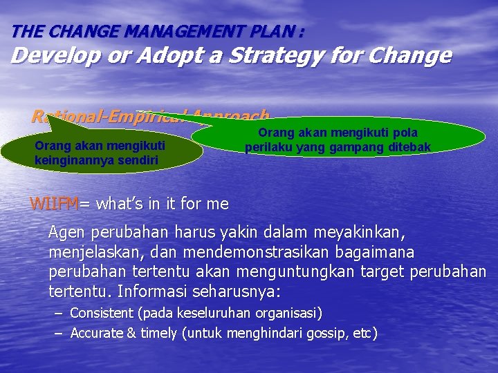THE CHANGE MANAGEMENT PLAN : Develop or Adopt a Strategy for Change Rational-Empirical Approach