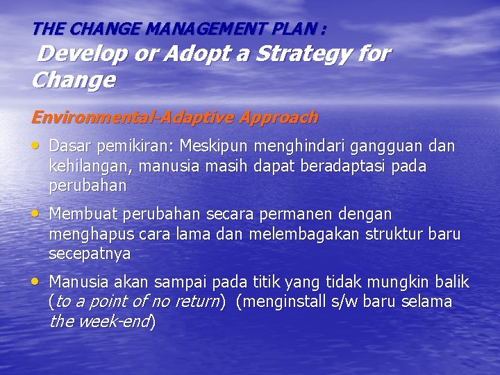 THE CHANGE MANAGEMENT PLAN : Develop or Adopt a Strategy for Change Environmental-Adaptive Approach