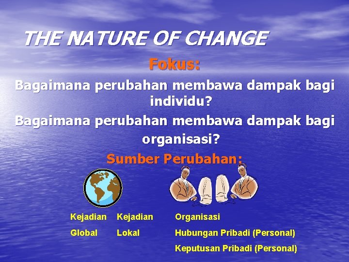 THE NATURE OF CHANGE Fokus: Bagaimana perubahan membawa dampak bagi individu? Bagaimana perubahan membawa