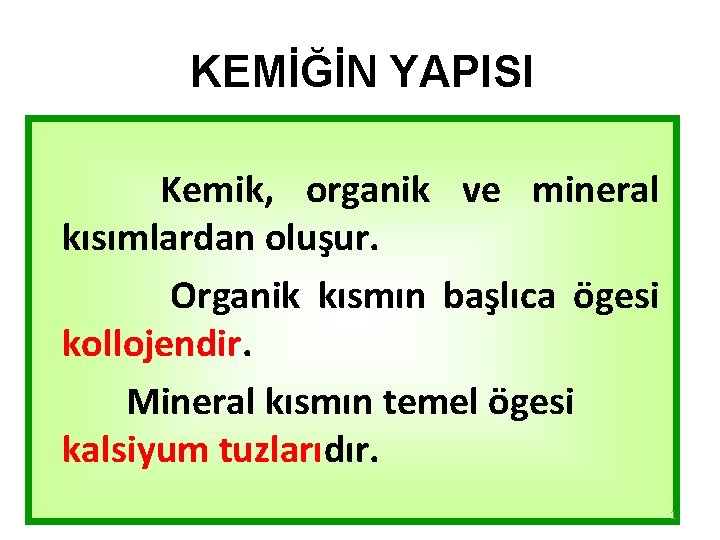 KEMİĞİN YAPISI Kemik, organik ve mineral kısımlardan oluşur. Organik kısmın başlıca ögesi kollojendir. Mineral