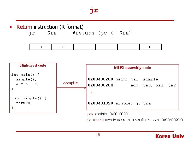 jr • Return instruction (R format) jr $ra #return (pc <- $ra) 0 31