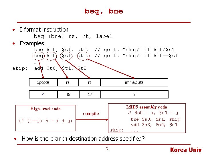 beq, bne • I format instruction beq (bne) rs, rt, label • Examples: skip: