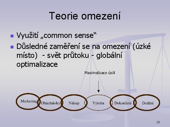 Teorie omezení n n Využití „common sense“ Důsledné zaměření se na omezení (úzké místo)