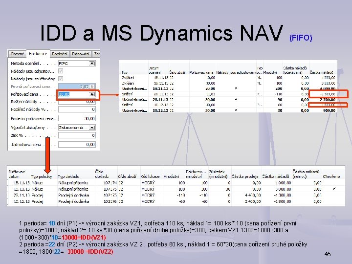 IDD a MS Dynamics NAV (FIFO) 1 perioda= 10 dní (P 1) -> výrobní