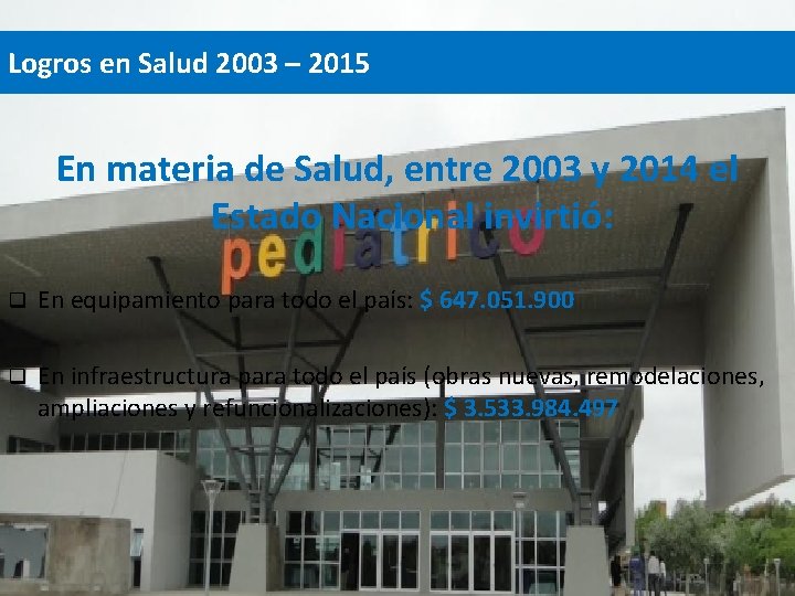 Logros en Salud 2003 – 2015 En materia de Salud, entre 2003 y 2014