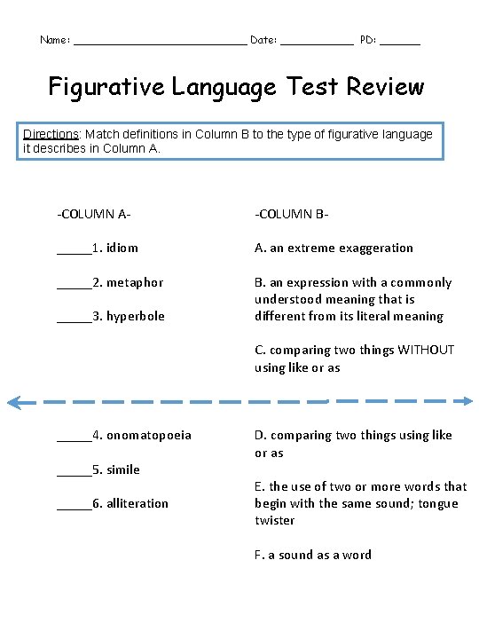 Name: _____________ Date: ______ PD: ______ Figurative Language Test Review Directions: Match definitions in