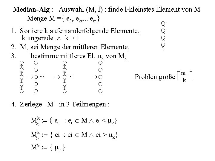 Median-Alg : Auswahl (M, l) : finde l-kleinstes Element von M Menge M ={