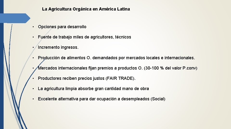 La Agricultura Orgánica en América Latina • Opciones para desarrollo • Fuente de trabajo