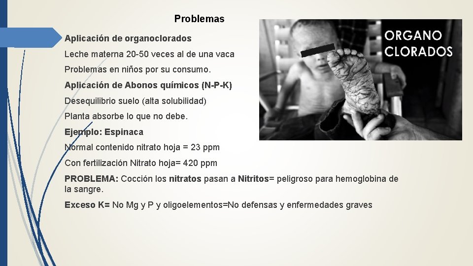 Problemas Aplicación de organoclorados Leche materna 20 -50 veces al de una vaca Problemas