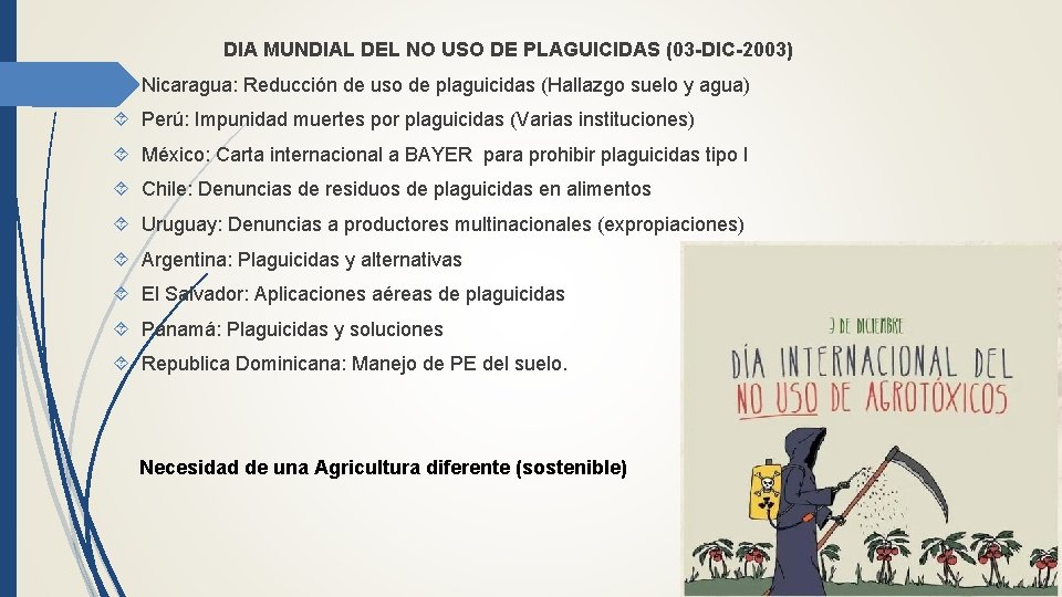 DIA MUNDIAL DEL NO USO DE PLAGUICIDAS (03 -DIC-2003) Nicaragua: Reducción de uso de