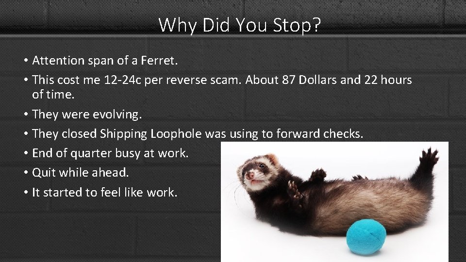 Why Did You Stop? • Attention span of a Ferret. • This cost me