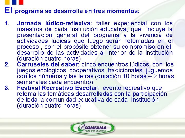 El programa se desarrolla en tres momentos: 1. 2. 3. Jornada lúdico-reflexiva: taller experiencial