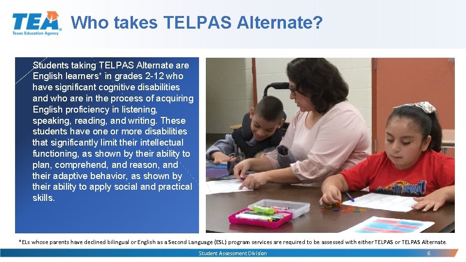 Who takes TELPAS Alternate? Students taking TELPAS Alternate are English learners* in grades 2