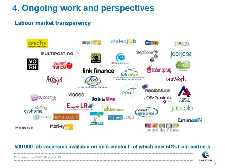 4. Ongoing work and perspectives Labour market transparency 500 000 job vacancies available on