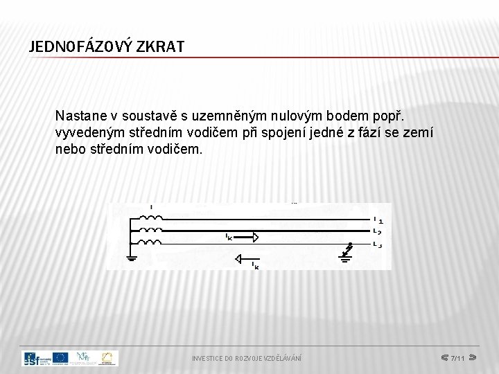 JEDNOFÁZOVÝ ZKRAT Nastane v soustavě s uzemněným nulovým bodem popř. vyvedeným středním vodičem při