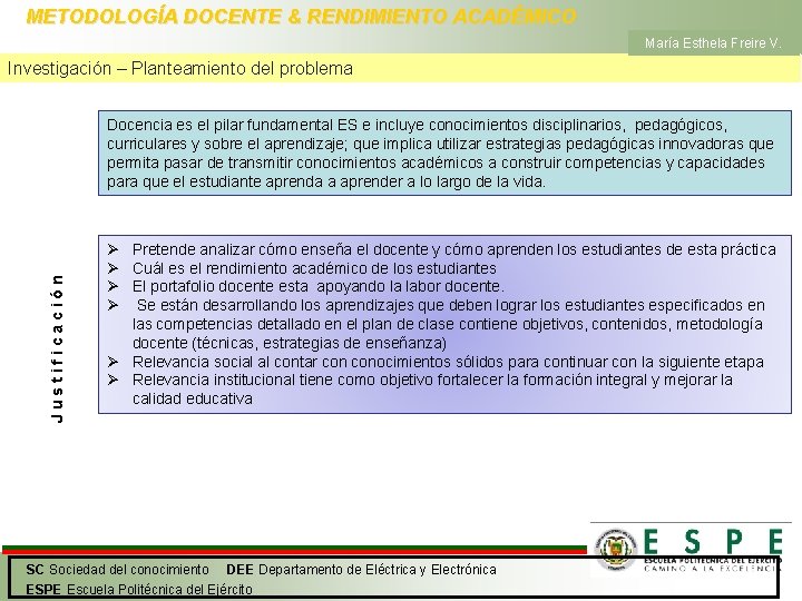 METODOLOGÍA DOCENTE & RENDIMIENTO ACADÉMICO María Esthela Freire V. Investigación – Planteamiento del problema