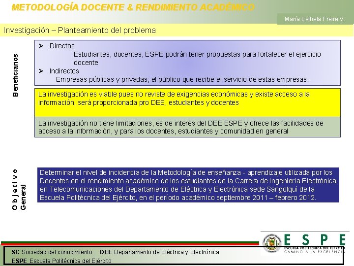 METODOLOGÍA DOCENTE & RENDIMIENTO ACADÉMICO María Esthela Freire V. Beneficiarios Investigación – Planteamiento del