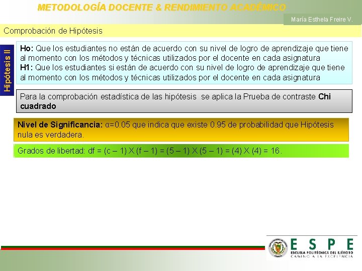 METODOLOGÍA DOCENTE & RENDIMIENTO ACADÉMICO María Esthela Freire V. Hipótesis II Comprobación de Hipótesis