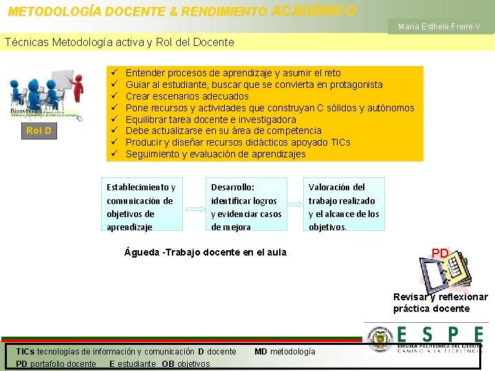 METODOLOGÍA DOCENTE & RENDIMIENTO ACADÉMICO María Esthela Freire V. Técnicas Metodología activa y Rol