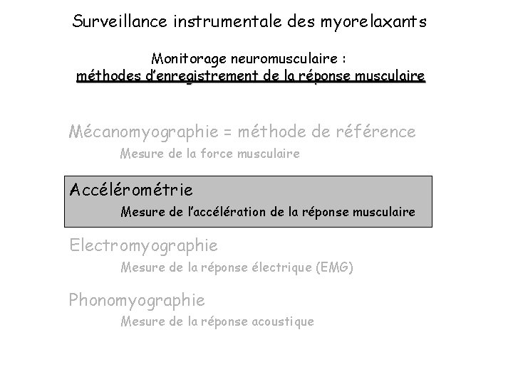 Surveillance instrumentale des myorelaxants Monitorage neuromusculaire : méthodes d’enregistrement de la réponse musculaire Mécanomyographie