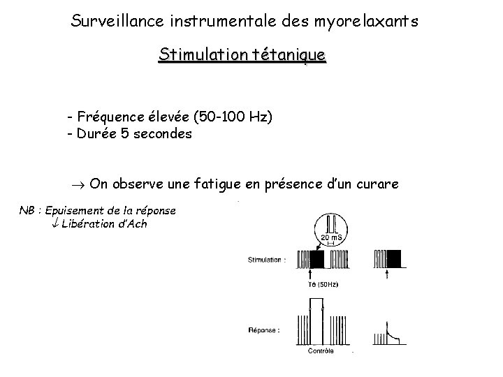 Surveillance instrumentale des myorelaxants Stimulation tétanique - Fréquence élevée (50 -100 Hz) - Durée