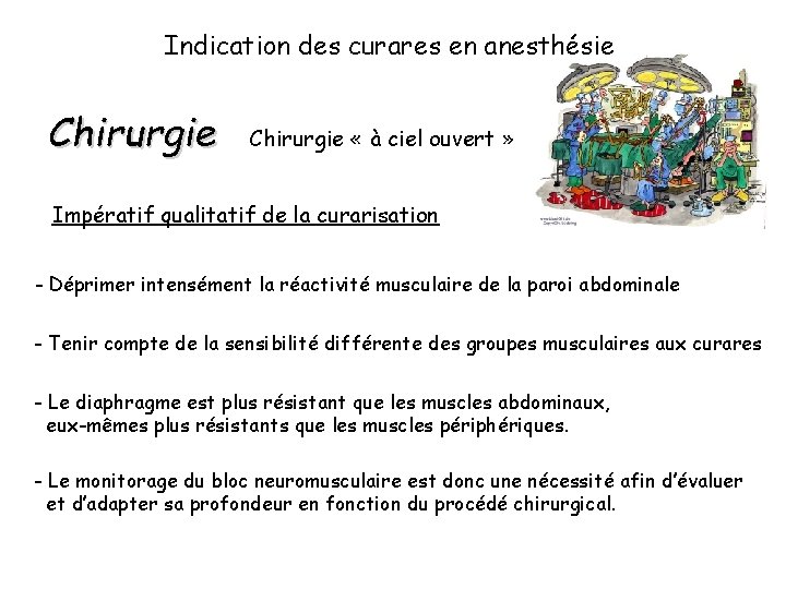 Indication des curares en anesthésie Chirurgie « à ciel ouvert » Impératif qualitatif de