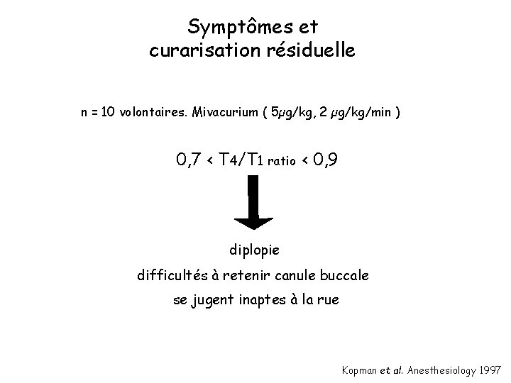 Symptômes et curarisation résiduelle n = 10 volontaires. Mivacurium ( 5µg/kg, 2 µg/kg/min )