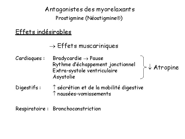 Antagonistes des myorelaxants Prostigmine (Néostigmine ) Effets indésirables Effets muscariniques Cardiaques : Digestifs :