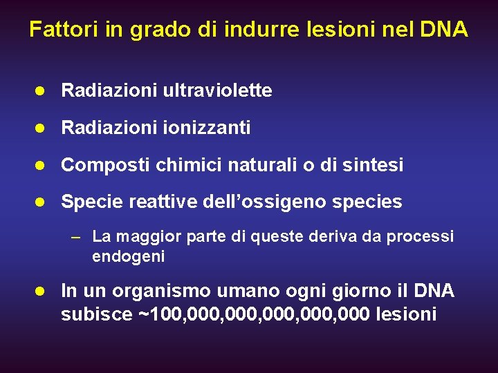 Fattori in grado di indurre lesioni nel DNA l Radiazioni ultraviolette l Radiazionizzanti l