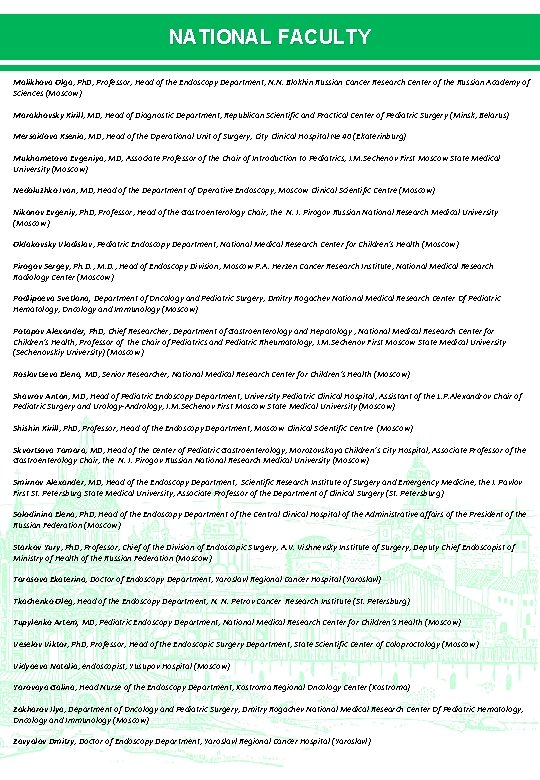 NATIONAL FACULTY Malikhova Olga, Ph. D, Professor, Head of the Endoscopy Department, N. N. NATIONAL FACULTY Malikhova Olga, Ph. D, Professor, Head of the Endoscopy Department, N. N.