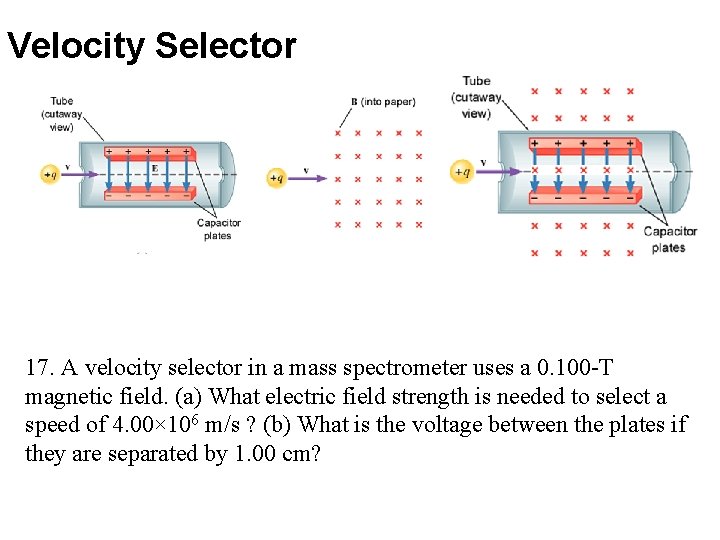 Velocity Selector 17. A velocity selector in a mass spectrometer uses a 0. 100