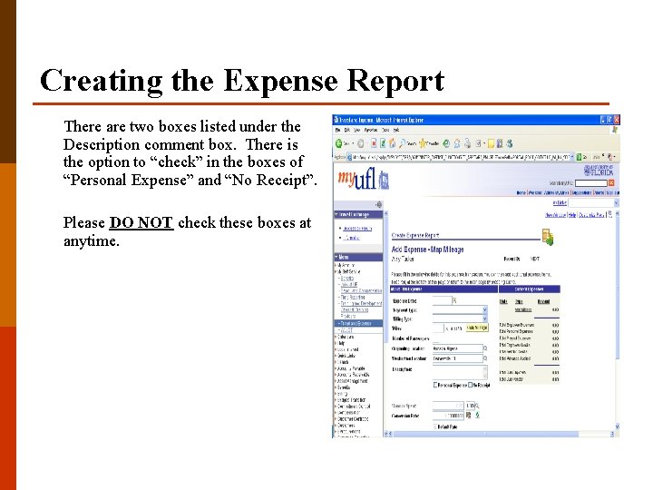 Creating the Expense Report There are two boxes listed under the Description comment box.
