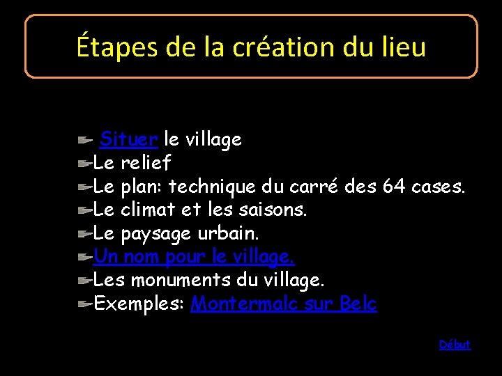 Étapes de la création du lieu Situer le village Le relief Le plan: technique