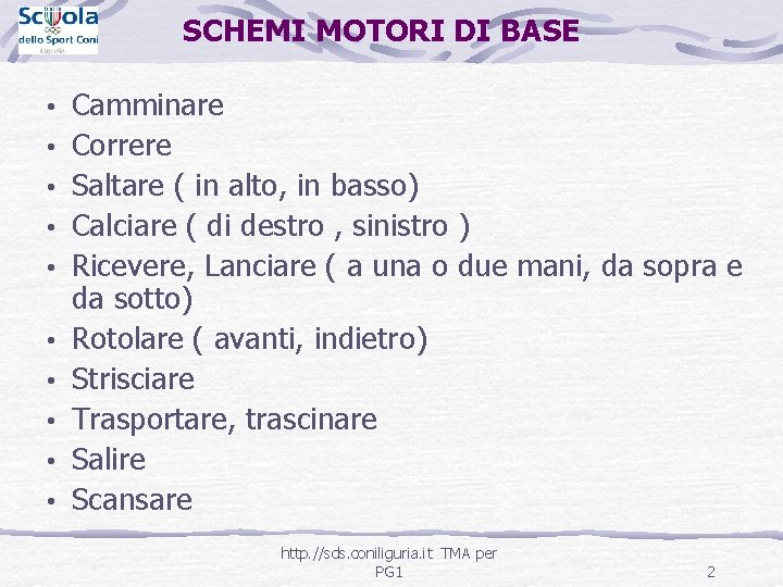 SCHEMI MOTORI DI BASE • • • Camminare Correre Saltare ( in alto, in