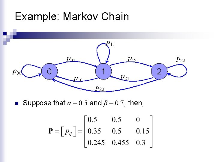 Example: Markov Chain p 11 p 00 n 0 p 12 1 p 20